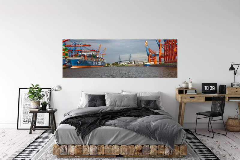 Wandbild - Blick in den Hafen - Ausrichtung_Panorama Ausrichtung_Quer Besonderes_Kräne Besonderes_Köhlbrandbrücke Farbe_Blau