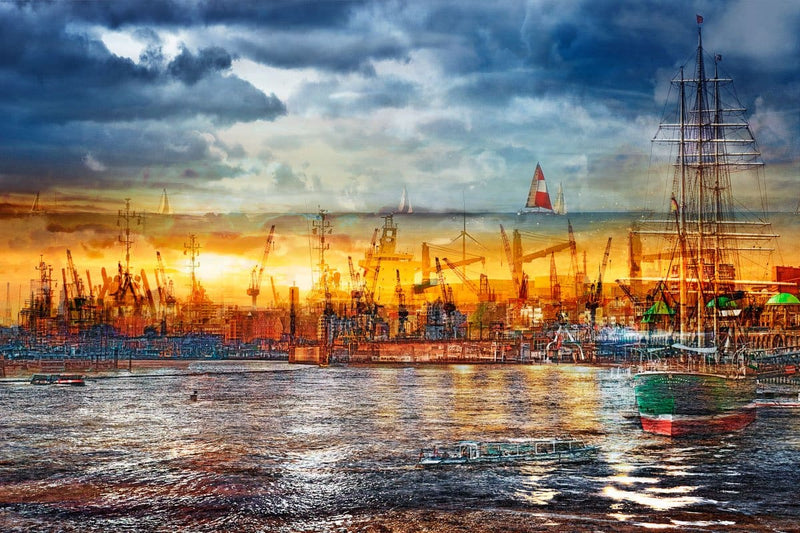 Wandbild - Hamburg Urlaub Port - Ausrichtung_Quer Besonderes_Fotokunst Farbe_Blau Farbe_Gelb Farbe_Orange